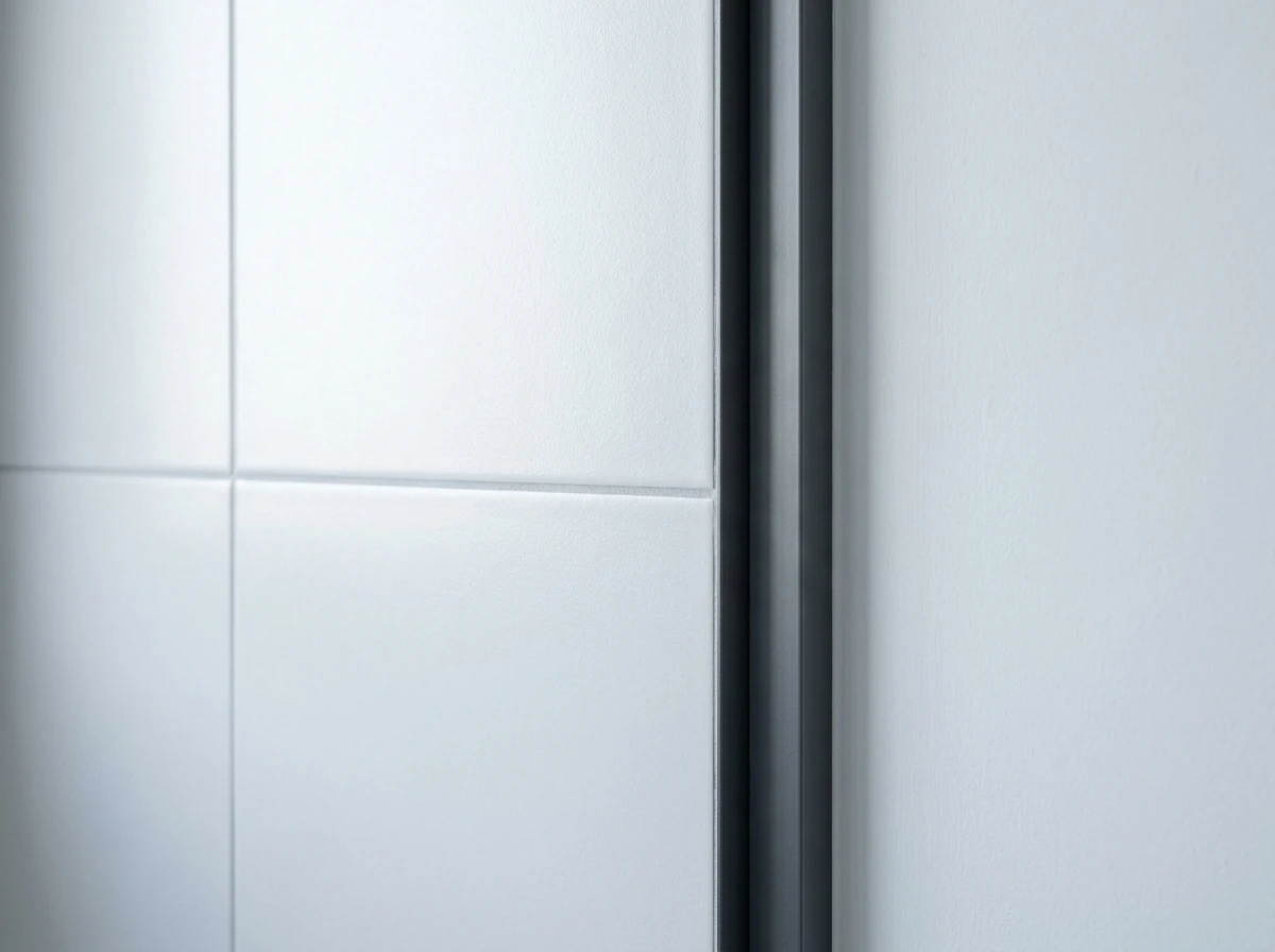 Detail of the junction between tile and a painted wall.