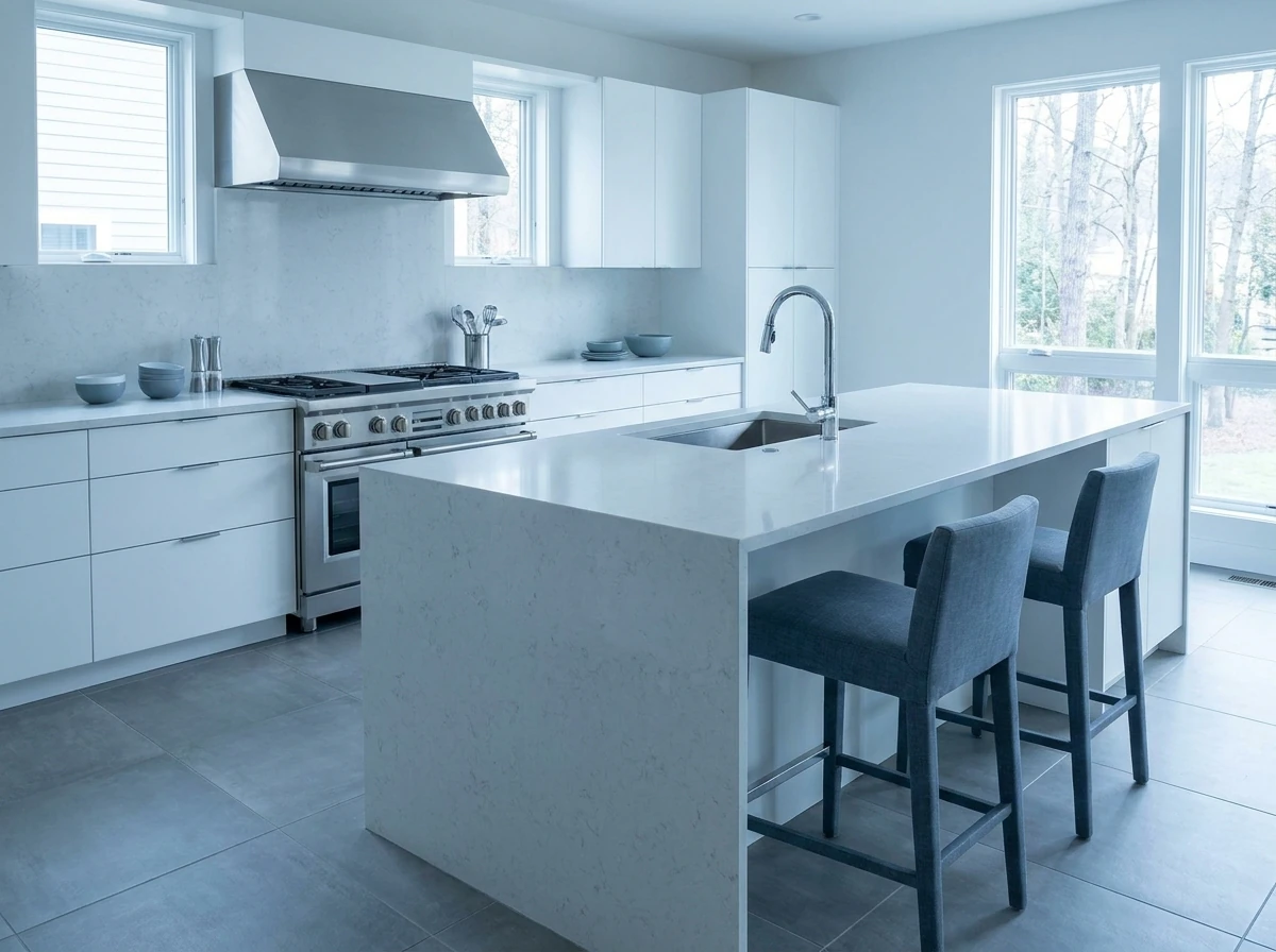 Kitchen concept with white cabinets, cool stone counters and gray flooring.