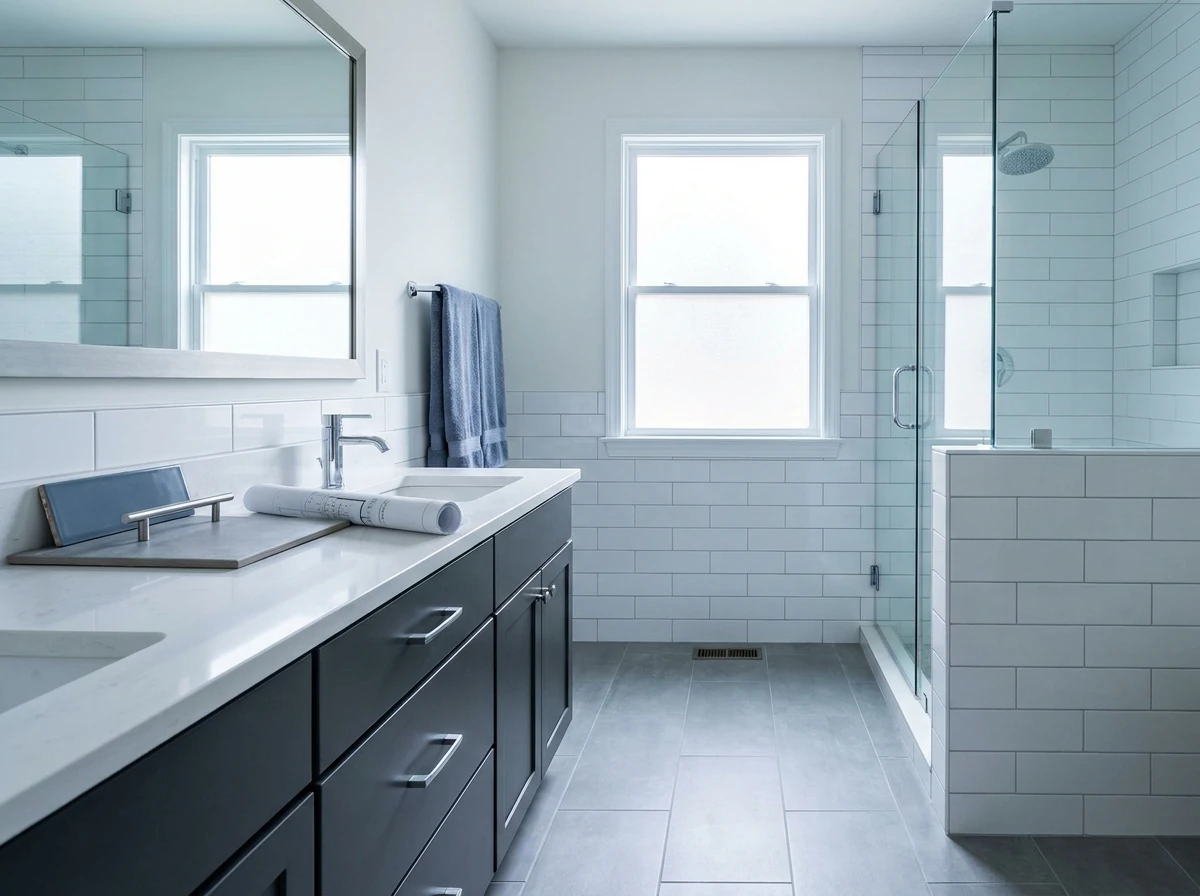 Bathroom concept with white tile, chrome fixtures and graphite cabinetry.