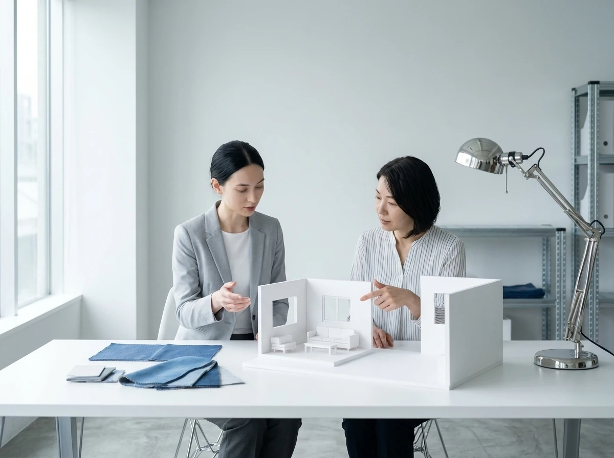Two adults review a white room model.