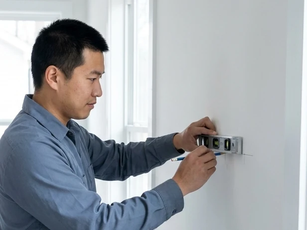 A worker marks a white interior wall while checking the room layout.