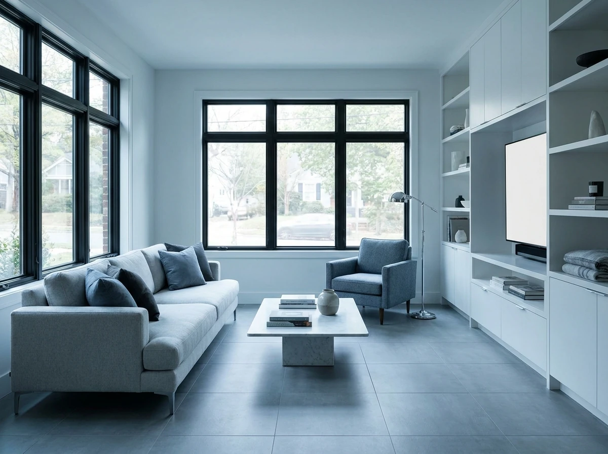 Living room concept with cool gray flooring, white surfaces and blue textiles.